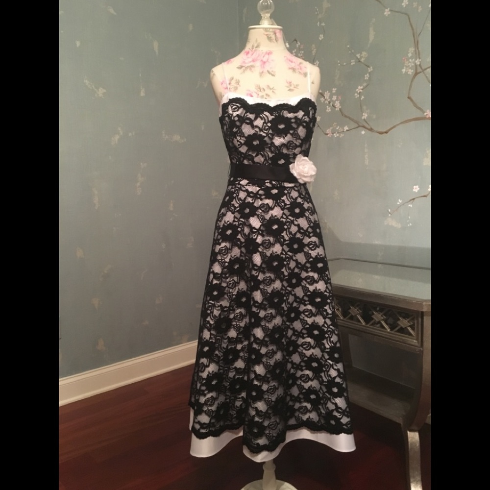 White spaghetti strap dress w black lace overlay
